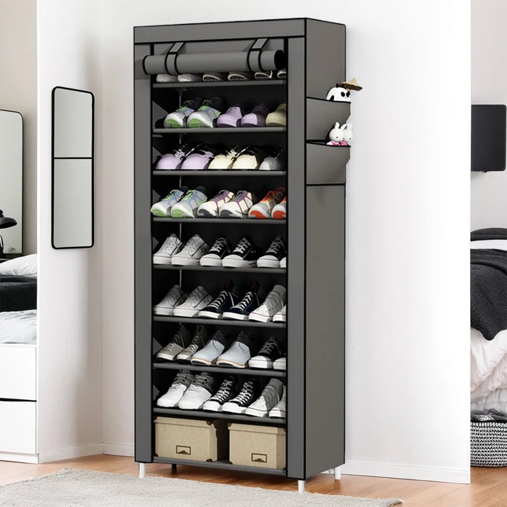 10 Layers Dustproof Shoes Storage Rack with Fabric Cover Free Standing Organizer for Home Student Dormitory Office Worker