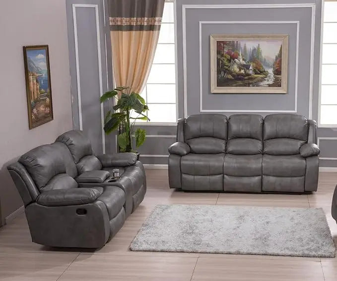 Furniture 2PC Bonded Leather Reclining Sofa Loveseat Set,(Gray), Living Room Sofa Set