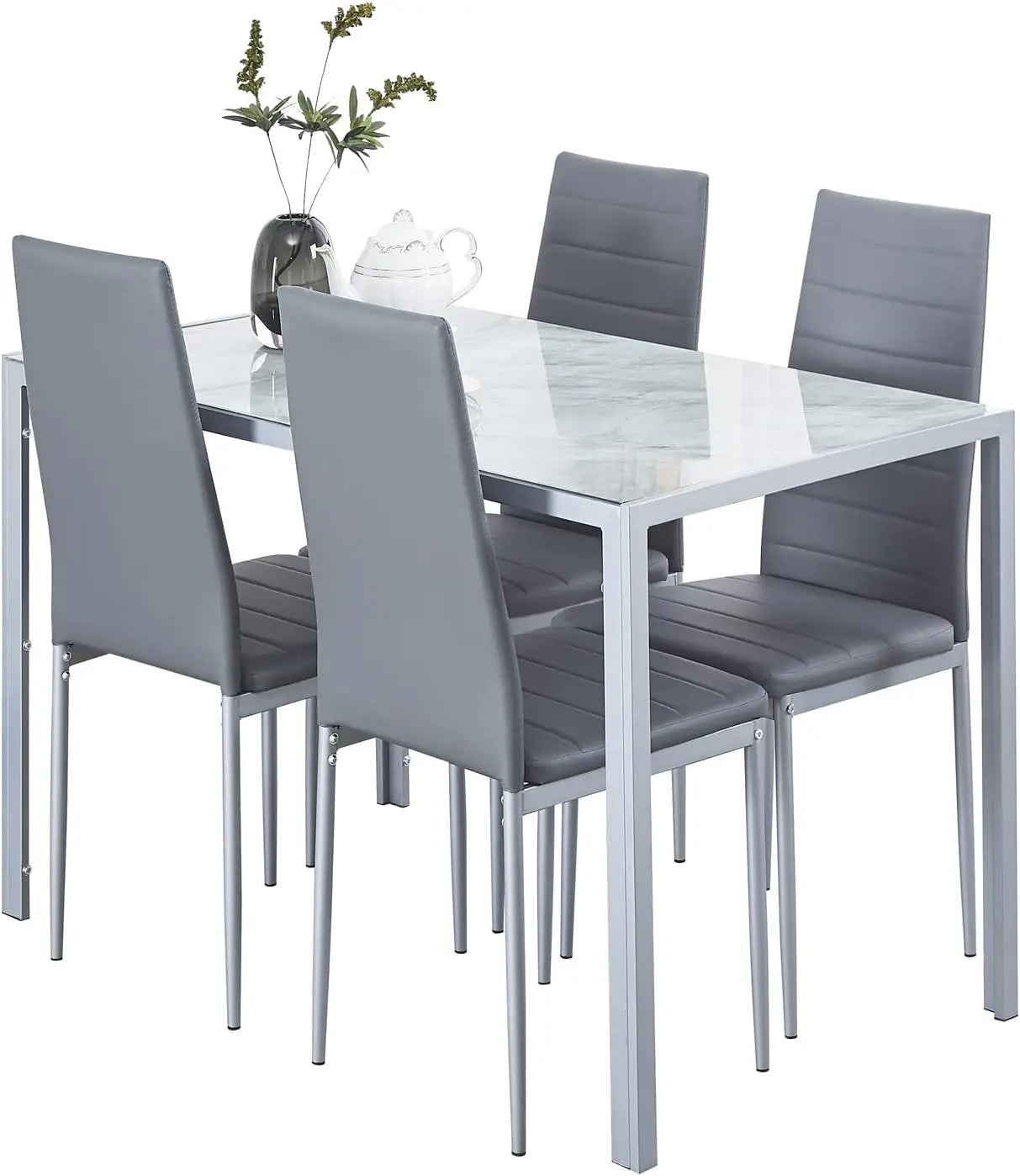 Dining Table and Chair 5 Pieces Set, Dining Set for 4 Kitchen Room with 4 Chairs, Rectangular Glass with 4 PU