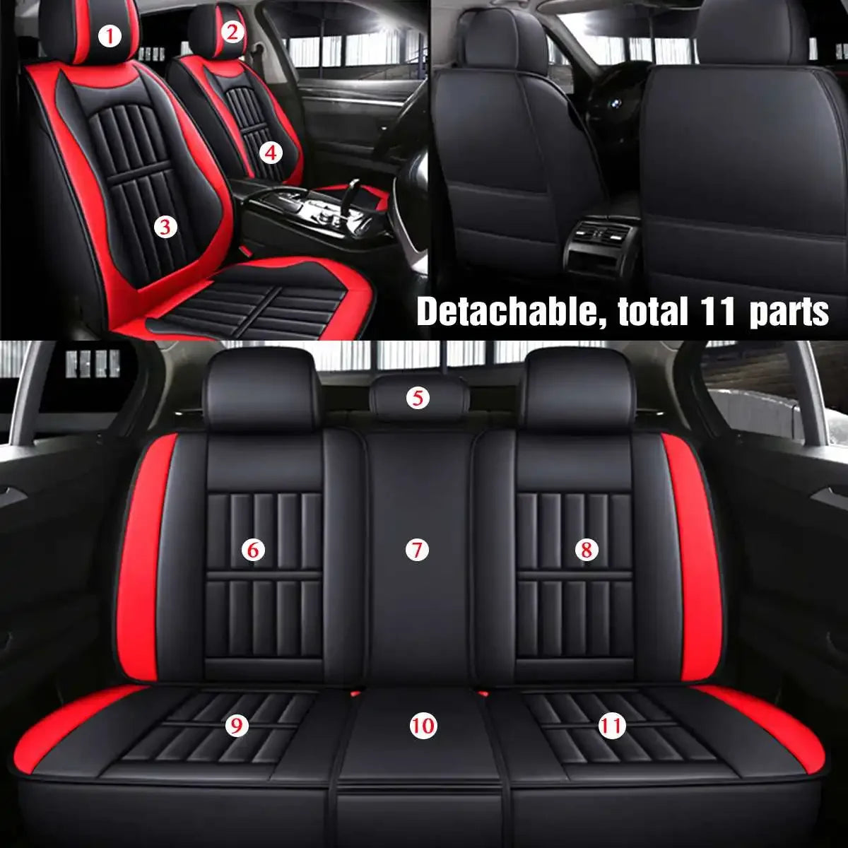 11PCS 5 Seats Car Seat Covers Automobiles Seat Covers Protector Cushion Deluxe PU Leather Front+Rear Full Set SUV Truck