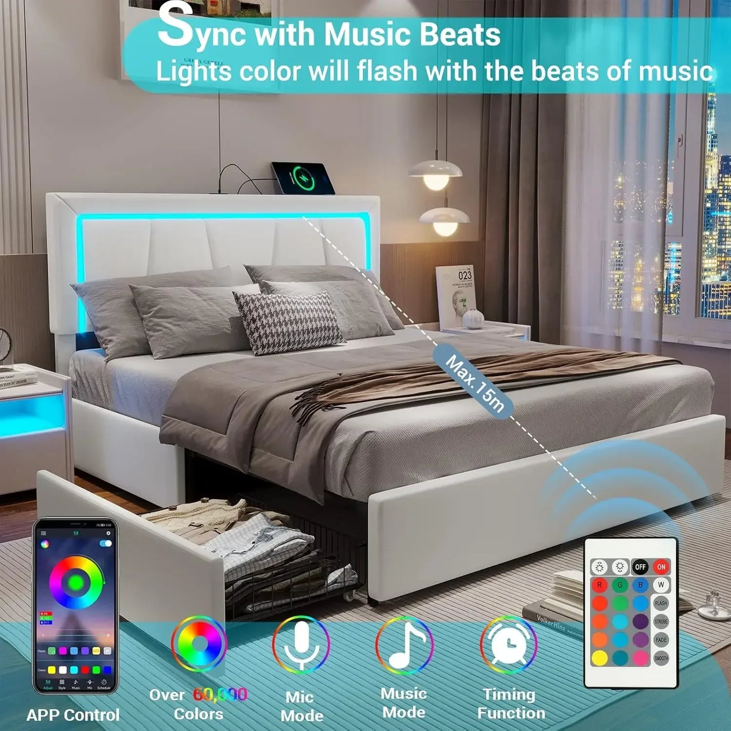 Queen Bed Frame with 4 Storage Drawers, LED Light Platform Bed Queen Size with Charging Station