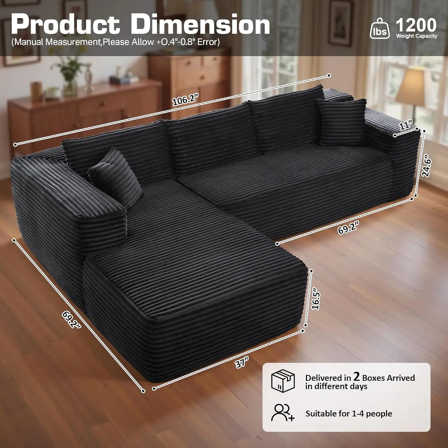 106"Cloud Sectional Couch with Chaise Longue,L Shaped Modular Modern Sofa,Comfy Corduroy Fluffy Couch with Deep Seat,No Assembly