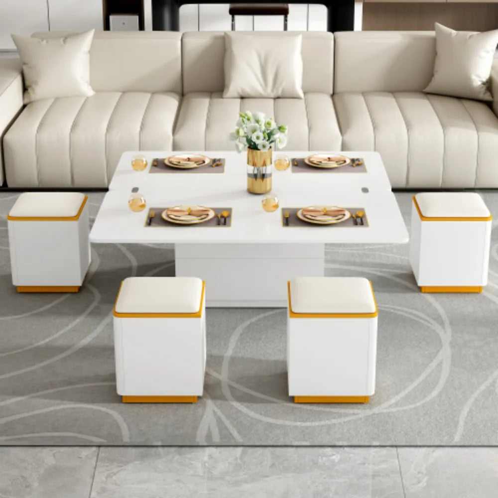 Unique Pull Out Lift Top Coffee Table, Hidden Compartment and Tempered Glass Surface for Living Room, Height Adjustable