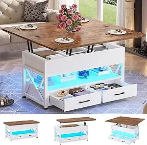 40" Lift Top Coffee Table, 4 in 1 White Coffee Tables with Storage for Living Room, Small Coffee Table with 2 Drawers & LED Lig