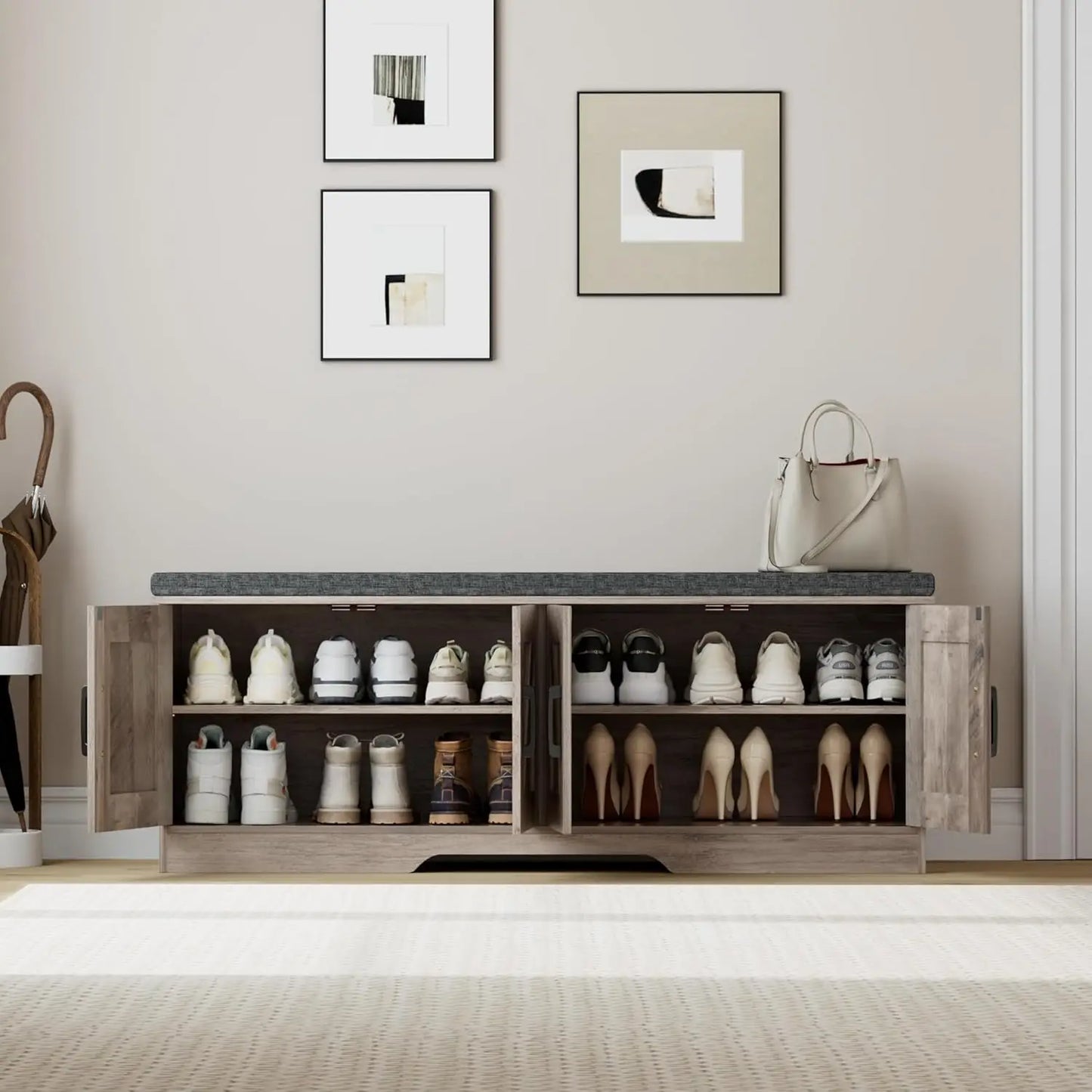 2-Tier Storage Bench Shoe Bench with Padded Seat Cushion Entryway Bench with 4 Barn Doors Adjustable Shelf 13.8" D x 47.2" W x 1