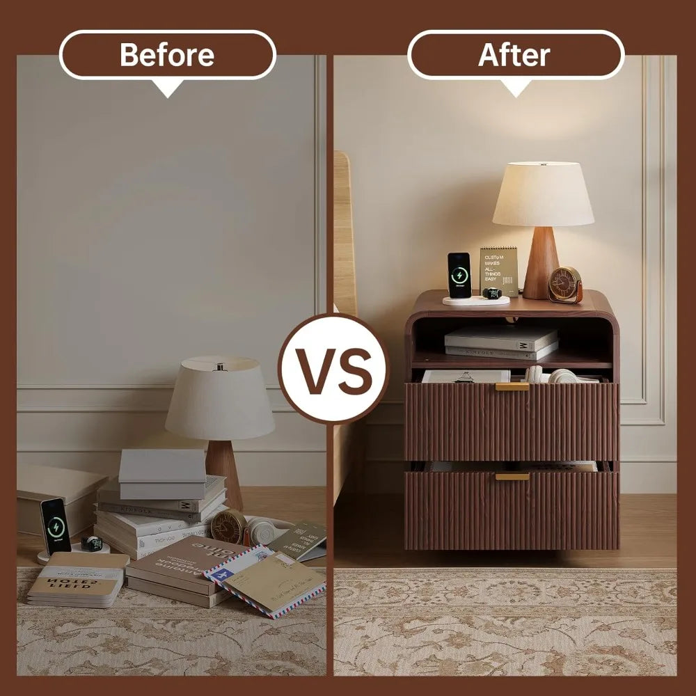 24" Fluted Nightstand Set of 2 with Charging Station, Wooden End Table with 2 Drawers Storage, Curved Profile Design, Modern Bed