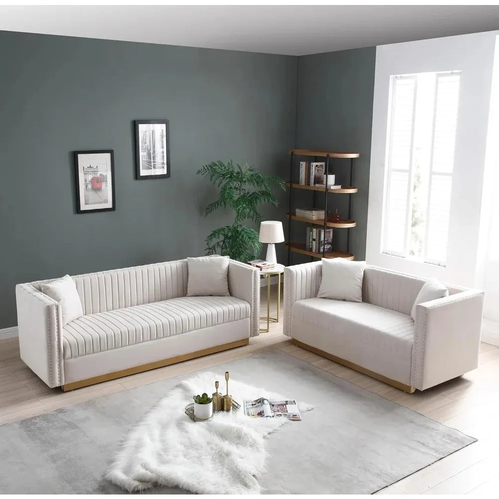 Luxury Velvet Sofa Set for Living Room,with Nailhead Gold Metal Legs and 4 Pillows for Bedroom, Luxury Velvet Sofa