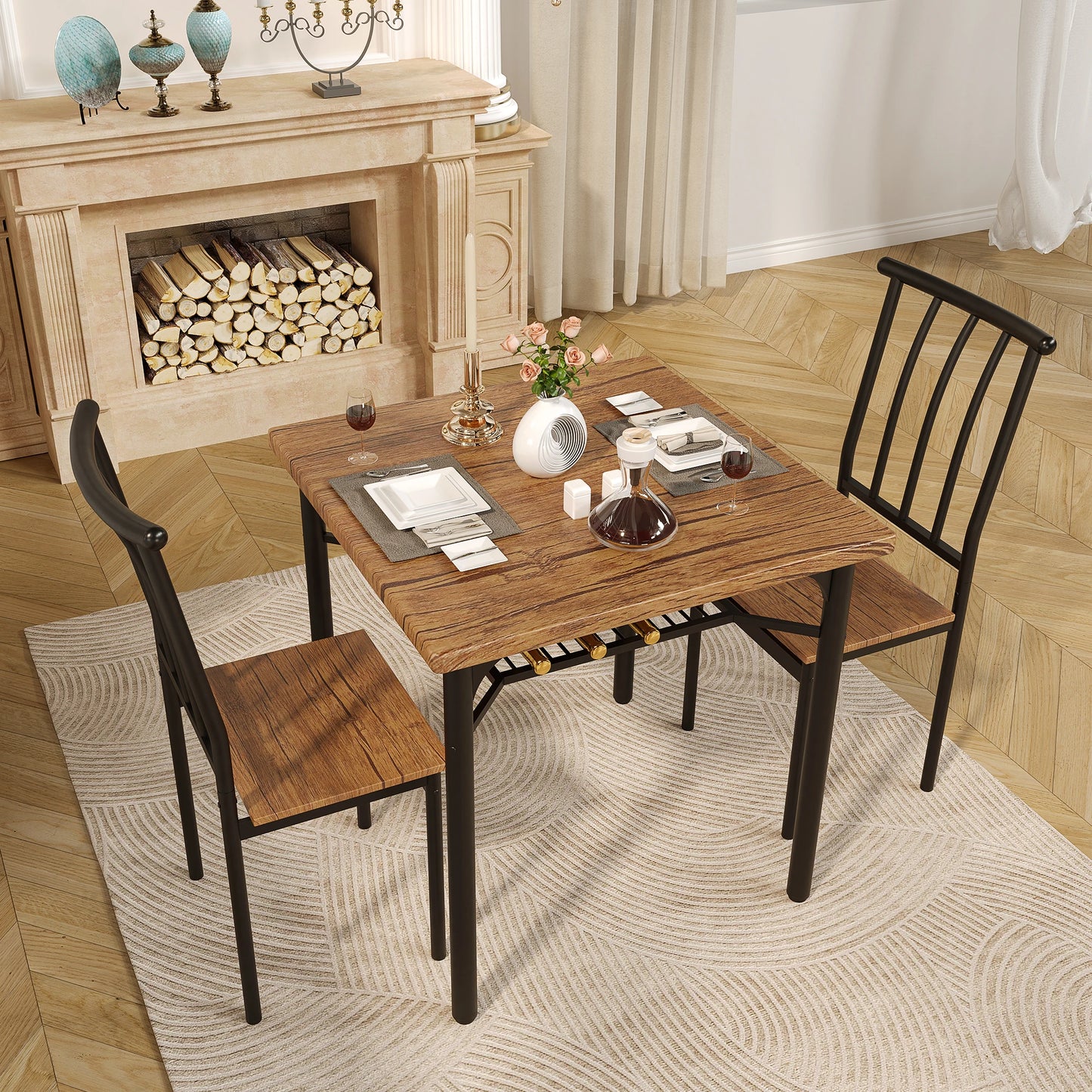 Dining Table Set for 2, Kitchen Table and Chairs for 2 with Wine Rack, Dining Room Table Set with 2 Chairs, Square Kitchen Table