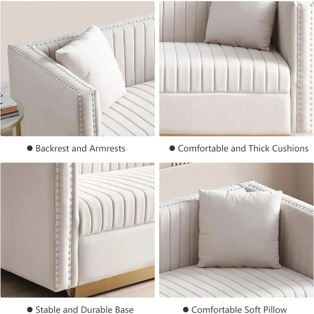Luxury Velvet Sofa Set for Living Room,with Nailhead Gold Metal Legs and 4 Pillows for Bedroom, Luxury Velvet Sofa