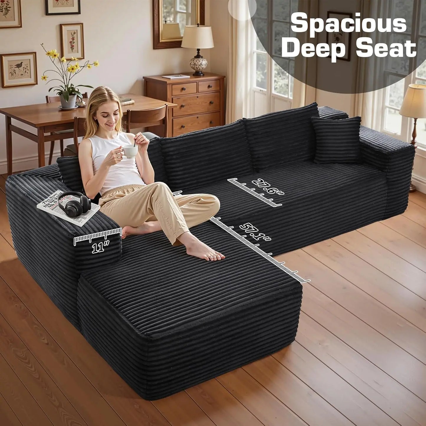 106"Cloud Sectional Couch with Chaise Longue,L Shaped Modular Modern Sofa,Comfy Corduroy Fluffy Couch with Deep Seat,No Assembly