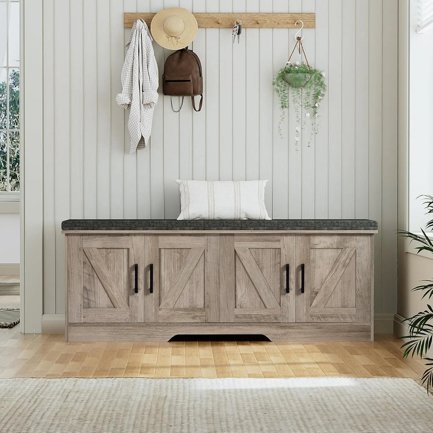 2-Tier Storage Bench Shoe Bench with Padded Seat Cushion Entryway Bench with 4 Barn Doors Adjustable Shelf 13.8" D x 47.2" W x 1