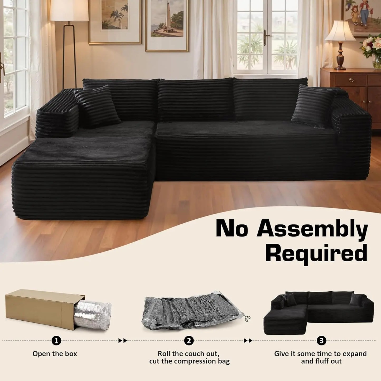 106"Cloud Sectional Couch with Chaise Longue,L Shaped Modular Modern Sofa,Comfy Corduroy Fluffy Couch with Deep Seat,No Assembly