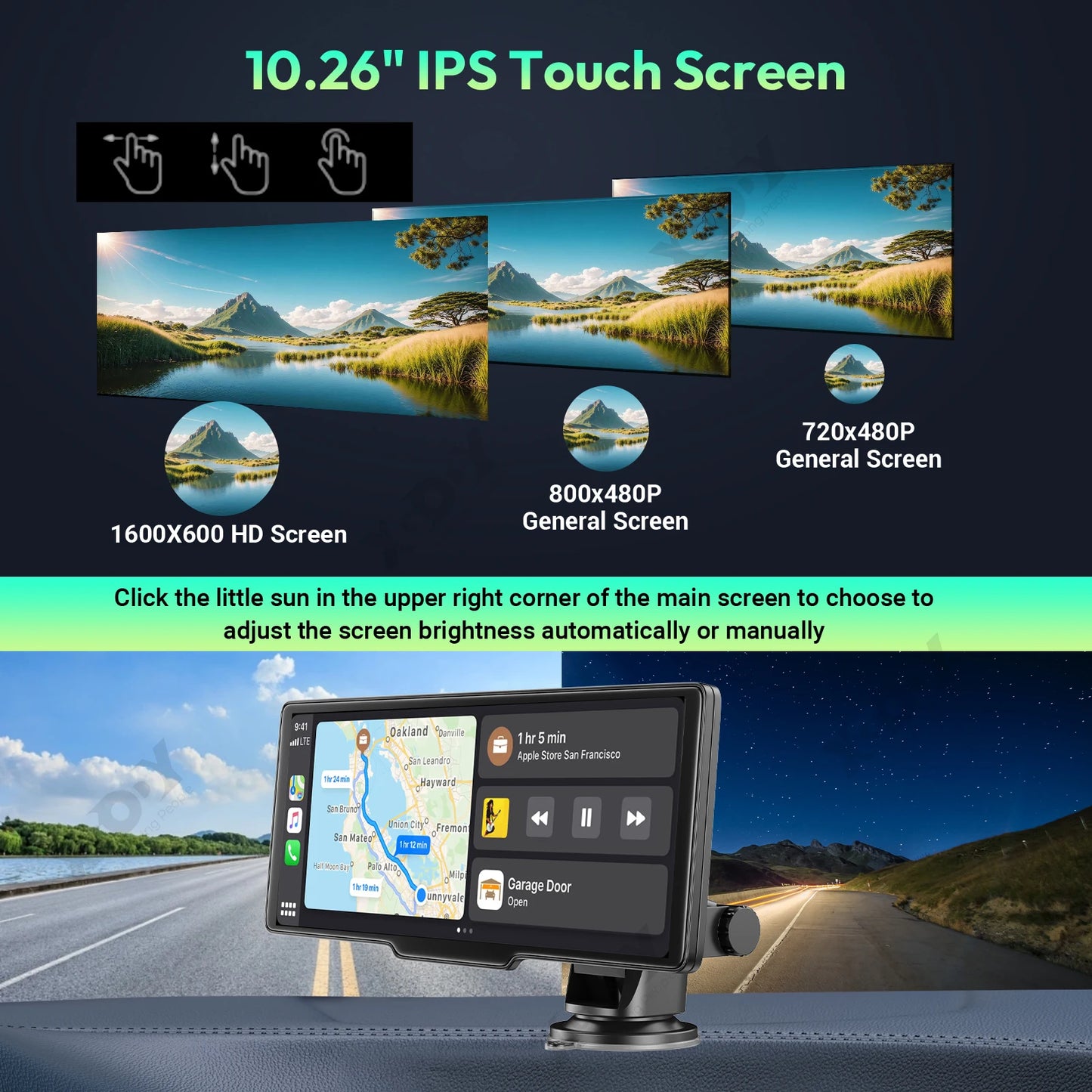 10.26'' Portable Car Stereo 4K +1080P Dash Cam Wireless Apple CarPlay Android Auto