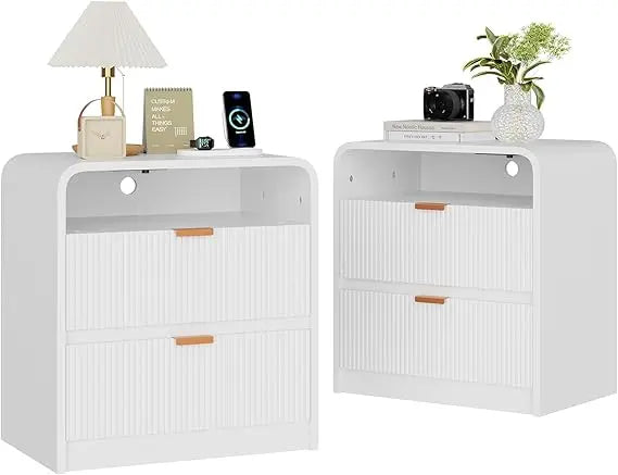 24" Fluted Nightstand Set of 2 with Charging Station, Wooden End Table with 2 Drawers Storage, Curved Profile Design, Modern Bed