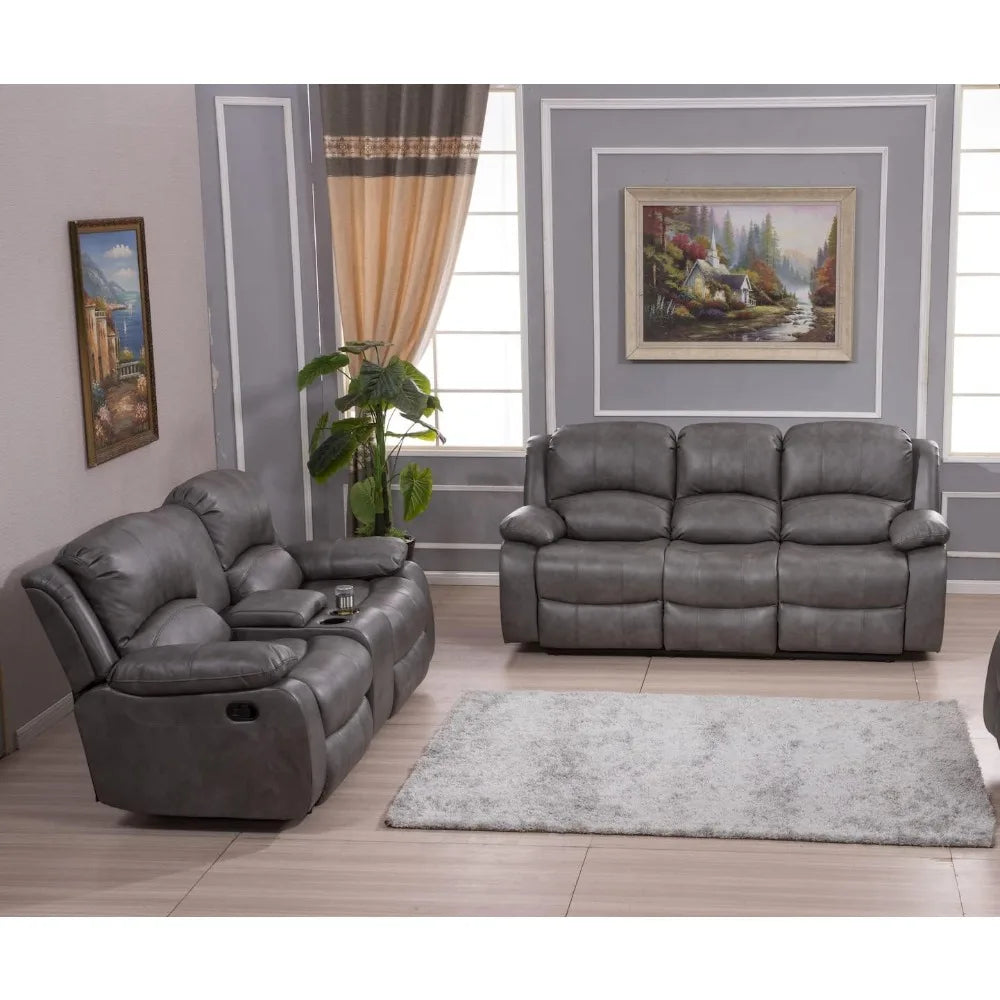 Furniture 2PC Bonded Leather Reclining Sofa Loveseat Set,(Gray), Living Room Sofa Set