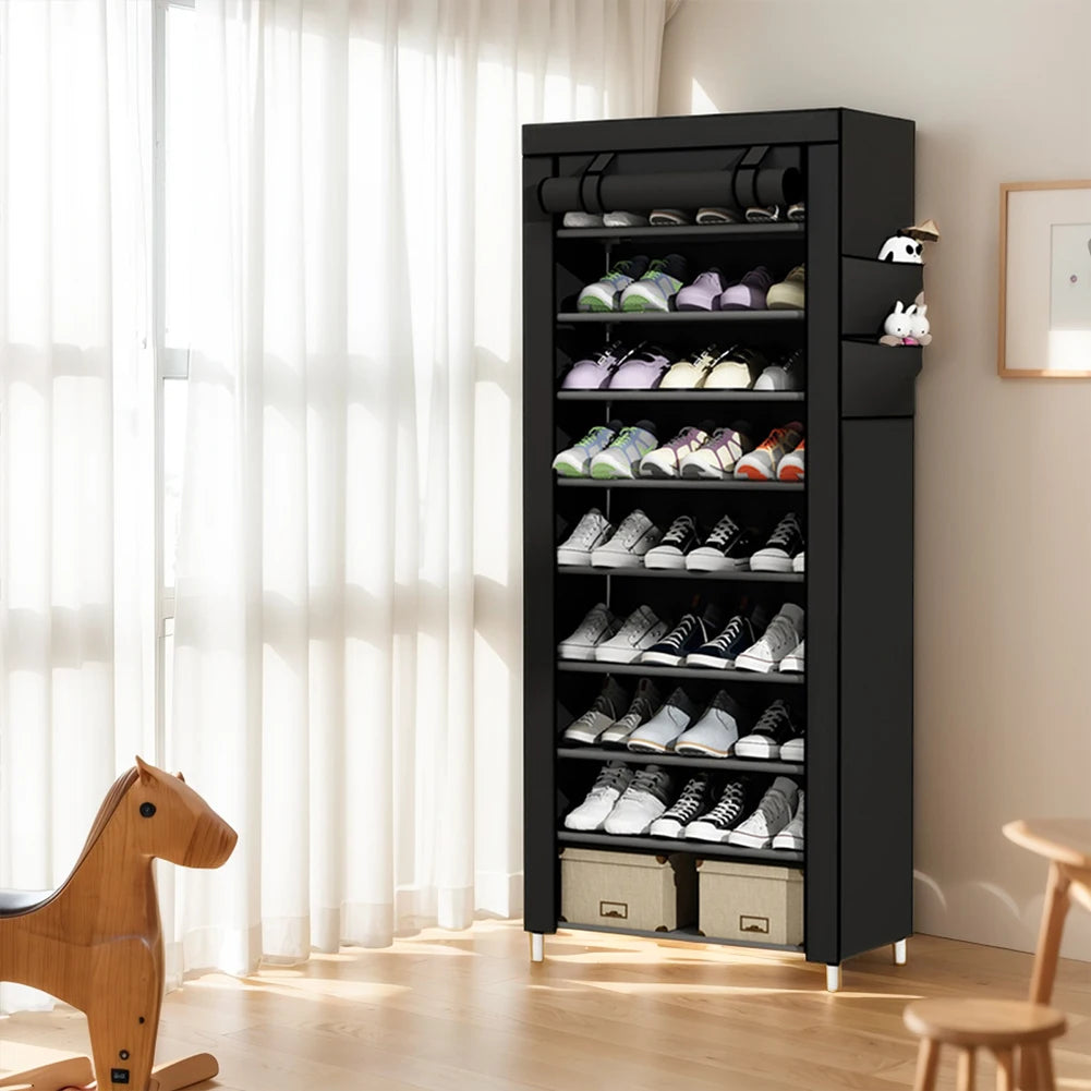 10 Layers Dustproof Shoes Storage Rack with Fabric Cover Free Standing Organizer for Home Student Dormitory Office Worker