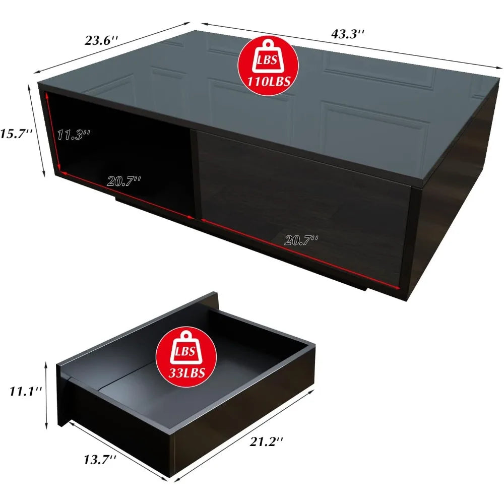 43.3IN LED Black Coffee Tables for Living Room with 16 Colors LED Lights Modern Coffee Table with Storage Drawer Rectangle Cent