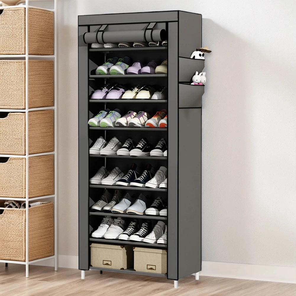 10 Layers Dustproof Shoes Storage Rack with Fabric Cover Free Standing Organizer for Home Student Dormitory Office Worker
