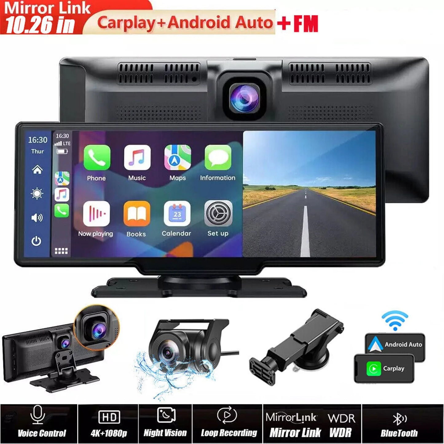 10.26'' Portable Car Stereo 4K +1080P Dash Cam Wireless Apple CarPlay Android Auto