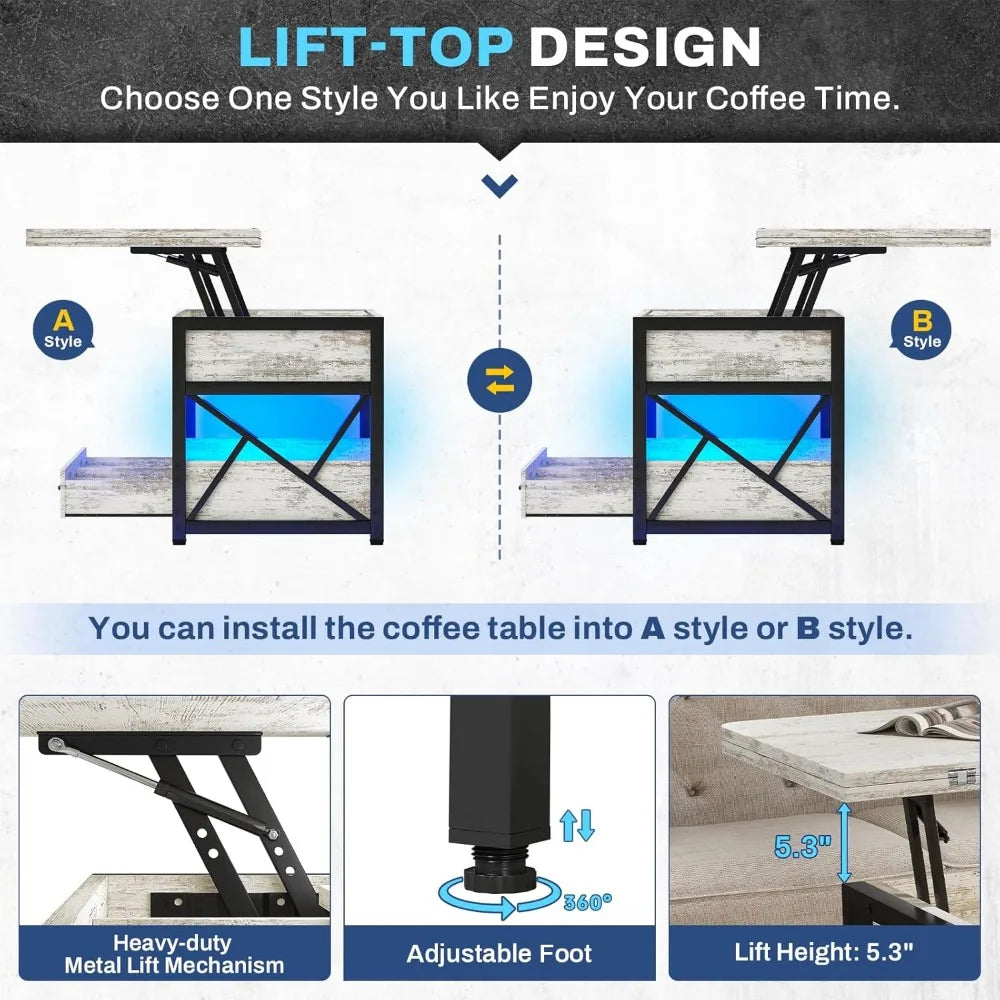 40" Lift Top Coffee Table, 4 in 1 White Coffee Tables with Storage for Living Room, Small Coffee Table with 2 Drawers & LED Lig