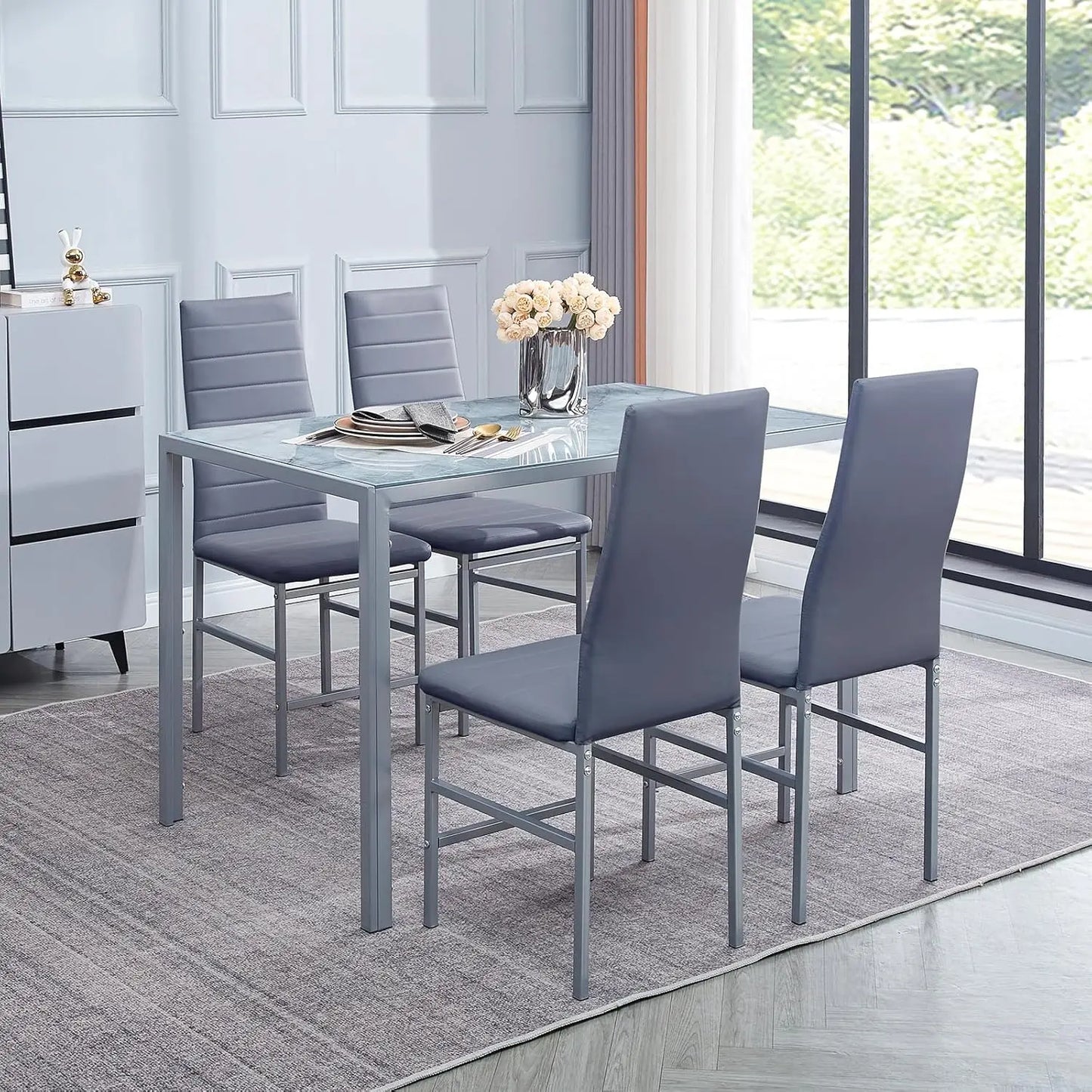 Dining Table and Chair 5 Pieces Set, Dining Set for 4 Kitchen Room with 4 Chairs, Rectangular Glass with 4 PU