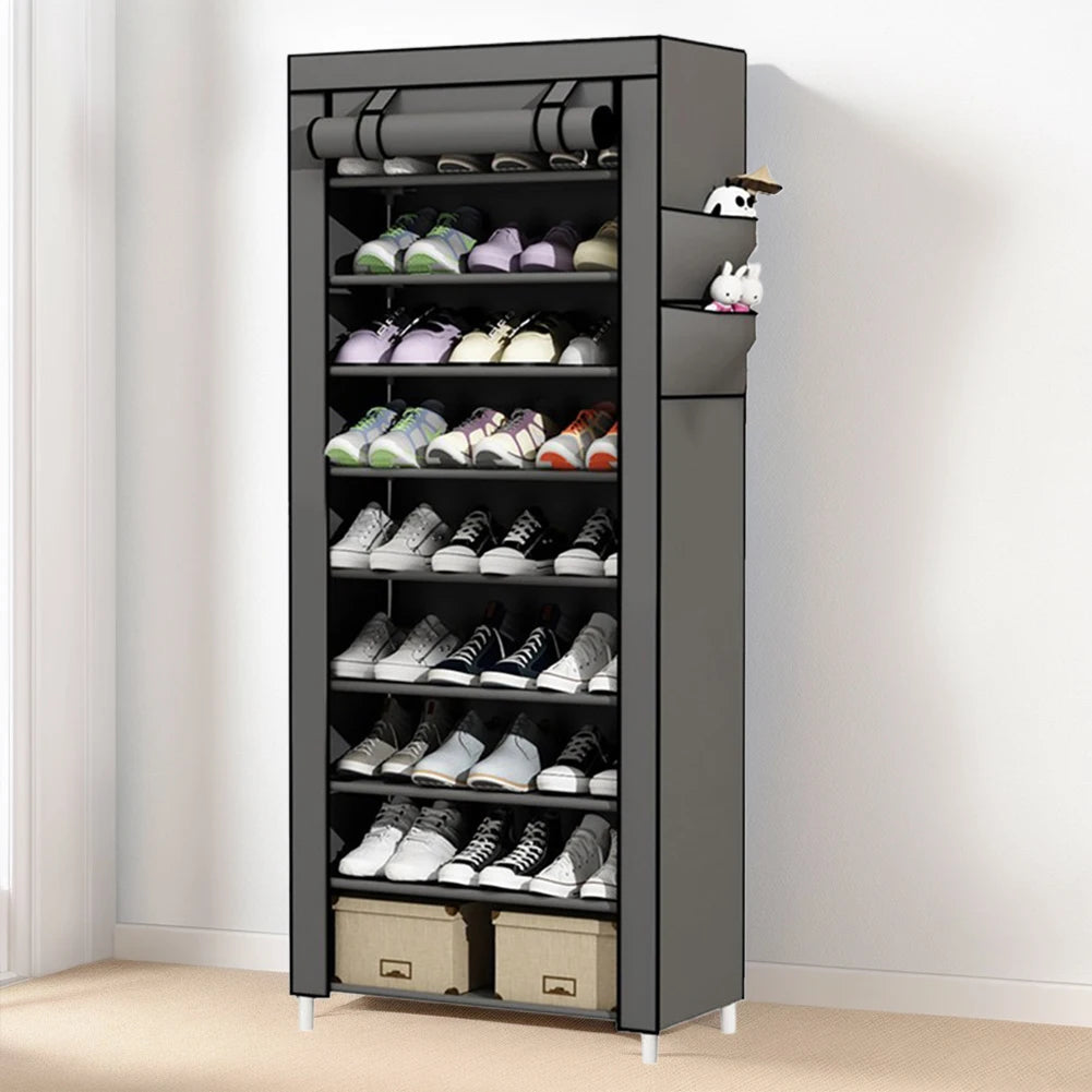 10 Layers Dustproof Shoes Storage Rack with Fabric Cover Free Standing Organizer for Home Student Dormitory Office Worker