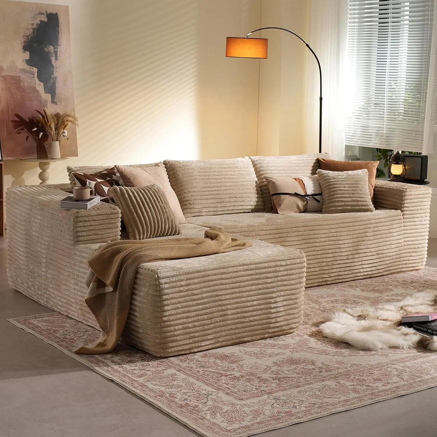 106"Cloud Sectional Couch with Chaise Longue,L Shaped Modular Modern Sofa,Comfy Corduroy Fluffy Couch with Deep Seat,No Assembly