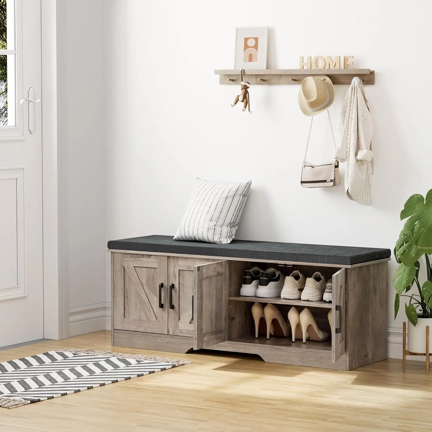 2-Tier Storage Bench Shoe Bench with Padded Seat Cushion Entryway Bench with 4 Barn Doors Adjustable Shelf 13.8" D x 47.2" W x 1