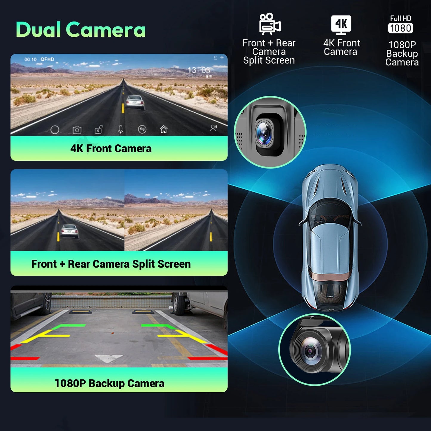 10.26'' Portable Car Stereo 4K +1080P Dash Cam Wireless Apple CarPlay Android Auto