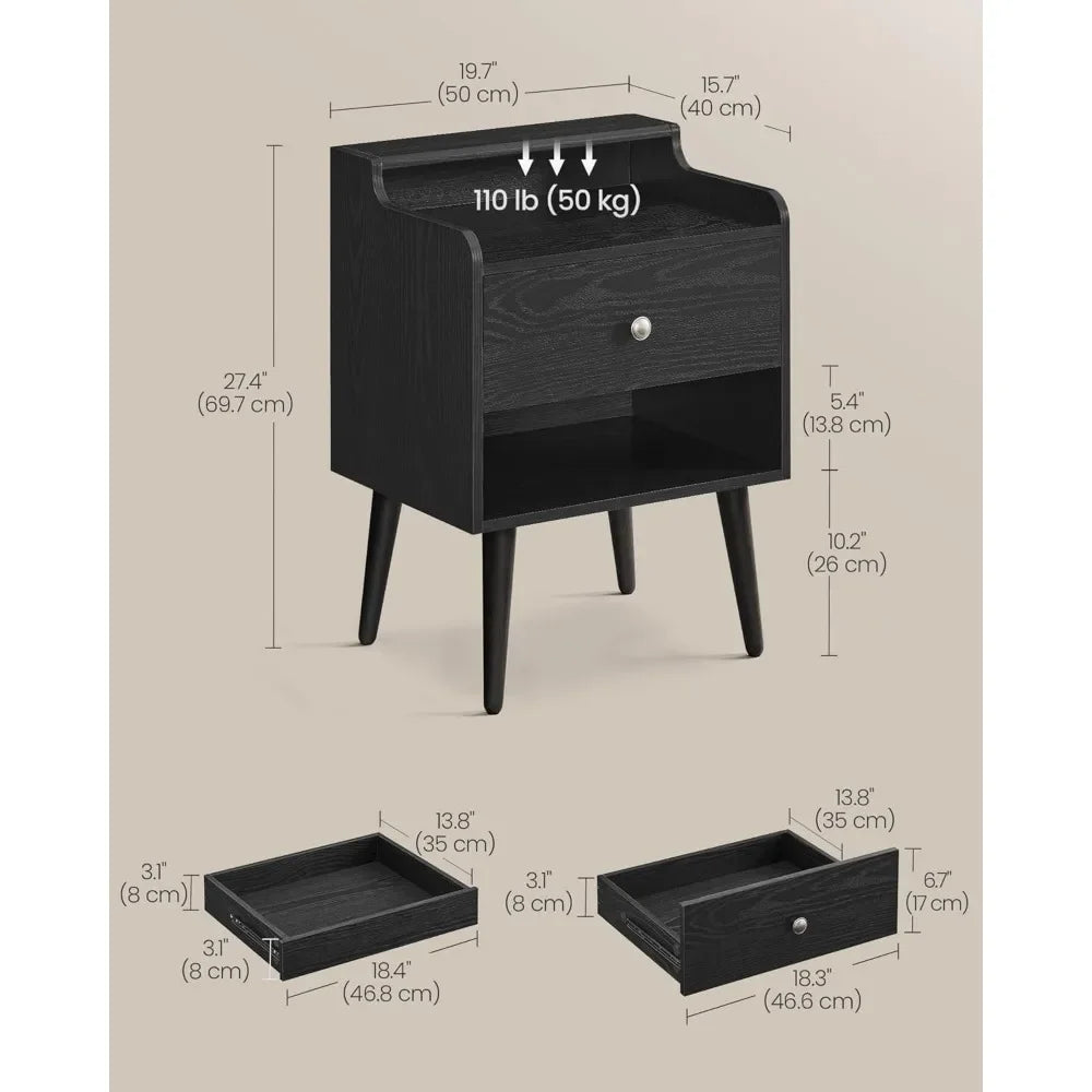 Nightstands, Set of 2, Bedside Tables with Hidden Drawers, Mid-Century End Tables, Ebony Black
