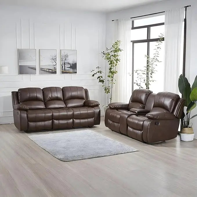 Furniture 2PC Bonded Leather Reclining Sofa Loveseat Set,(Gray), Living Room Sofa Set