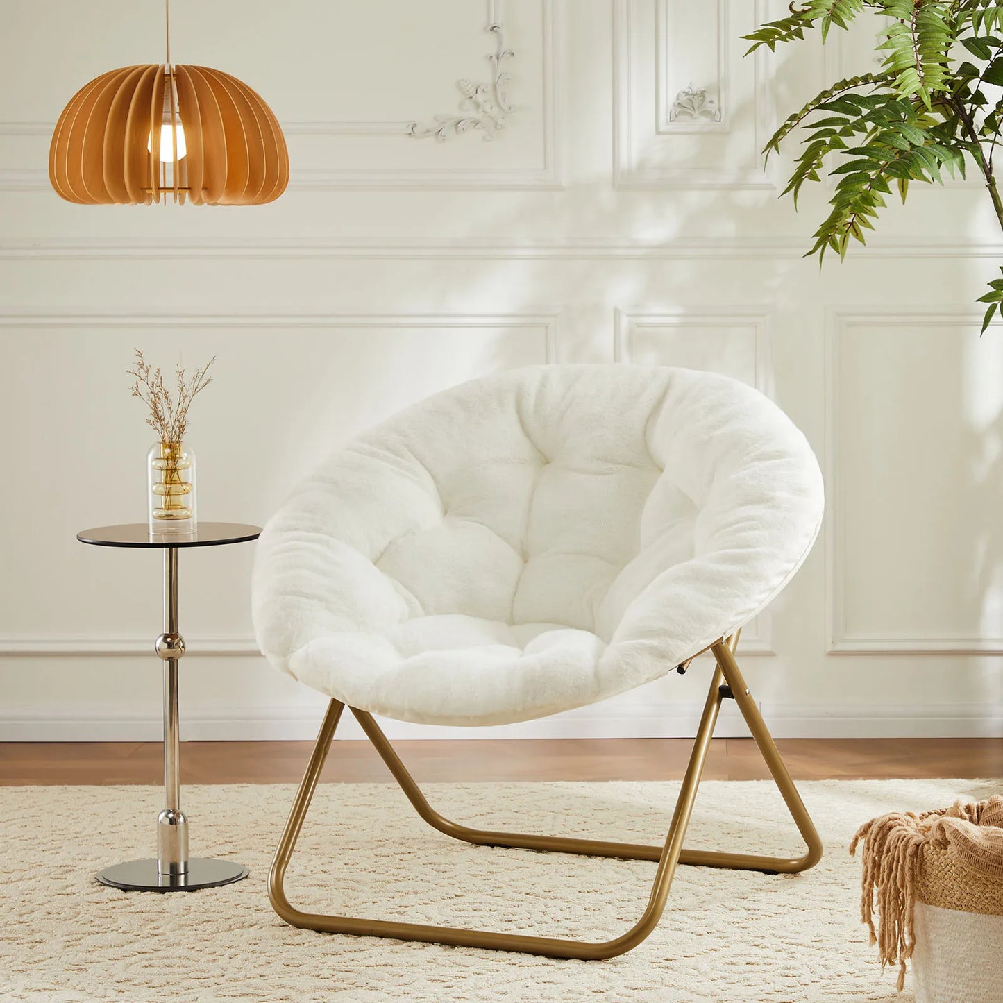 JHK Cozy Saucer Chairs Faux Fur For Living Room Folding Thick Padded Seat Metal Frame X-Large Reading Lounge Furniture