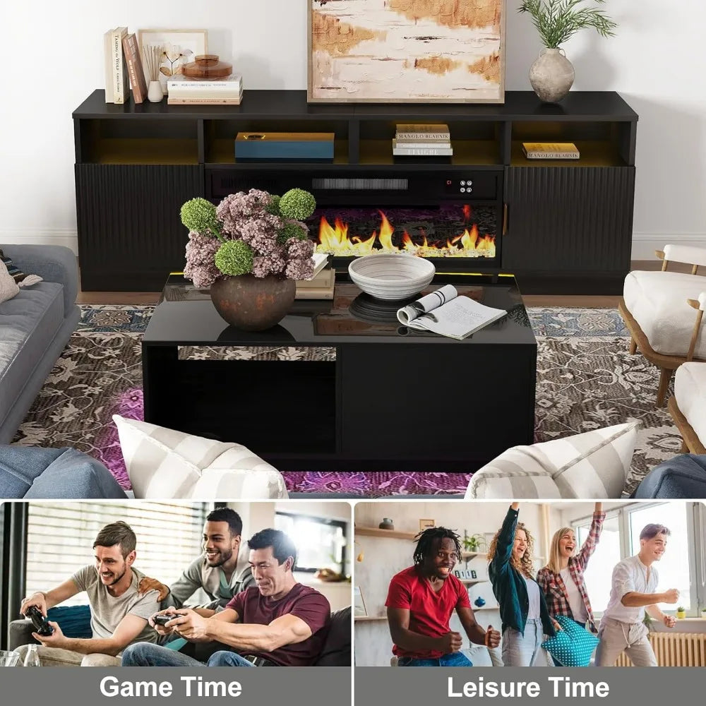 43.3IN LED Black Coffee Tables for Living Room with 16 Colors LED Lights Modern Coffee Table with Storage Drawer Rectangle Cent