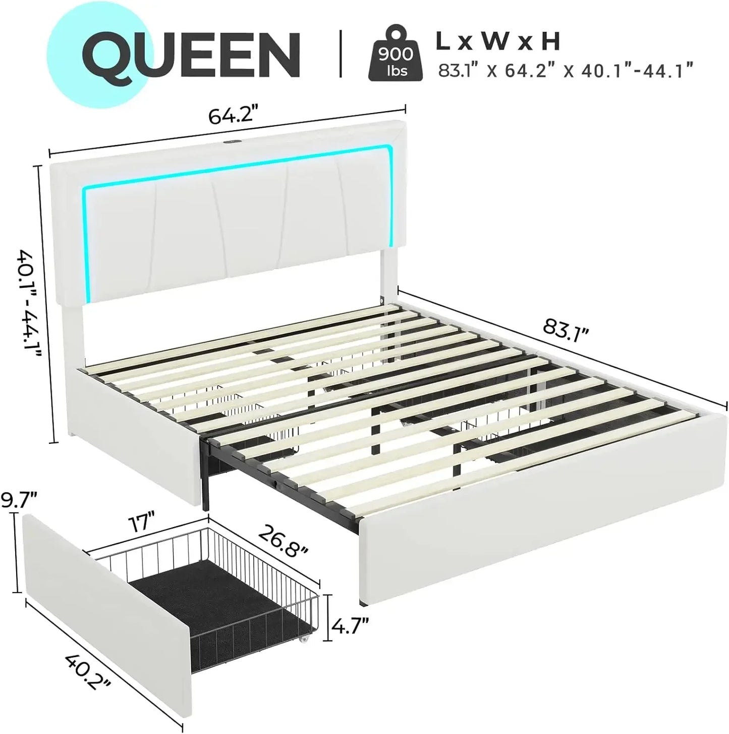Queen Bed Frame with 4 Storage Drawers, LED Light Platform Bed Queen Size with Charging Station