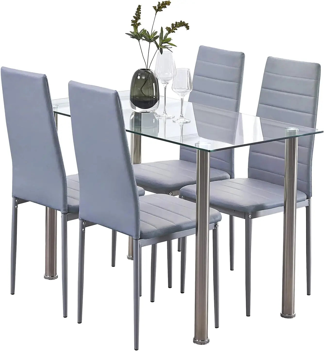 Dining Table and Chair 5 Pieces Set, Dining Set for 4 Kitchen Room with 4 Chairs, Rectangular Glass with 4 PU