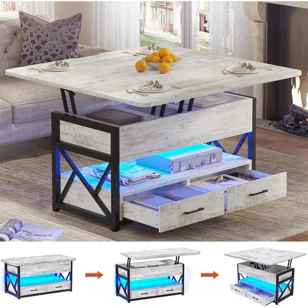 40" Lift Top Coffee Table, 4 in 1 White Coffee Tables with Storage for Living Room, Small Coffee Table with 2 Drawers & LED Lig