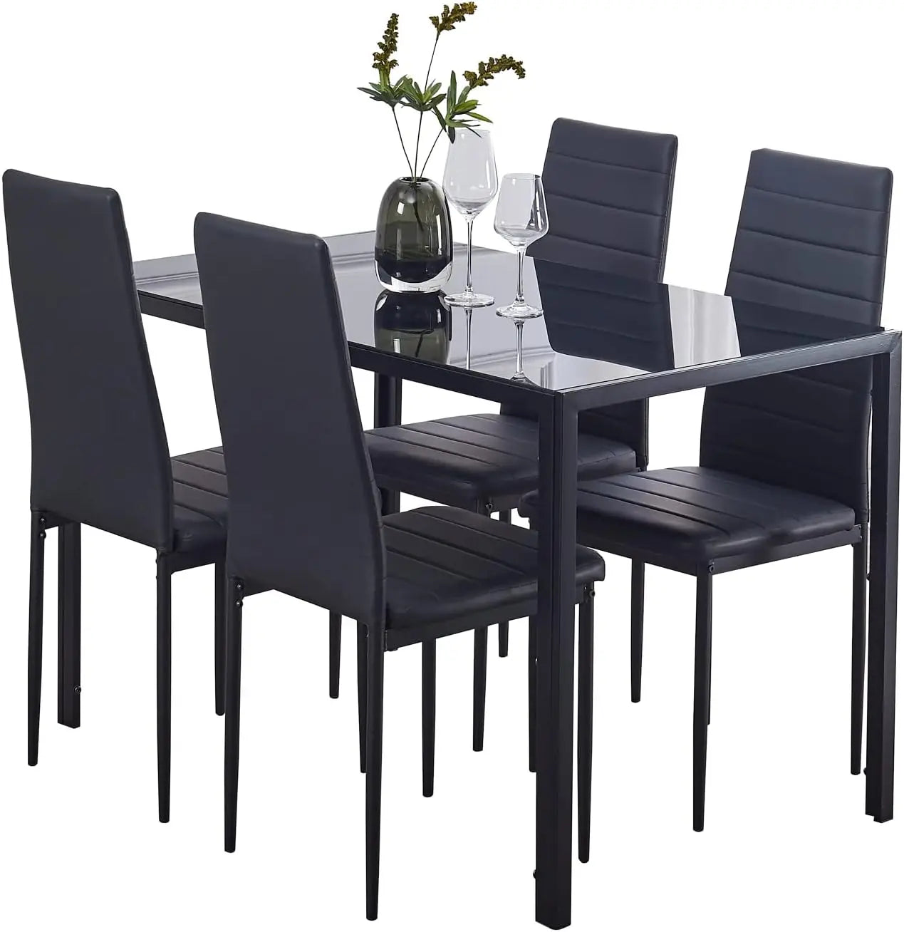 Dining Table and Chair 5 Pieces Set, Dining Set for 4 Kitchen Room with 4 Chairs, Rectangular Glass with 4 PU