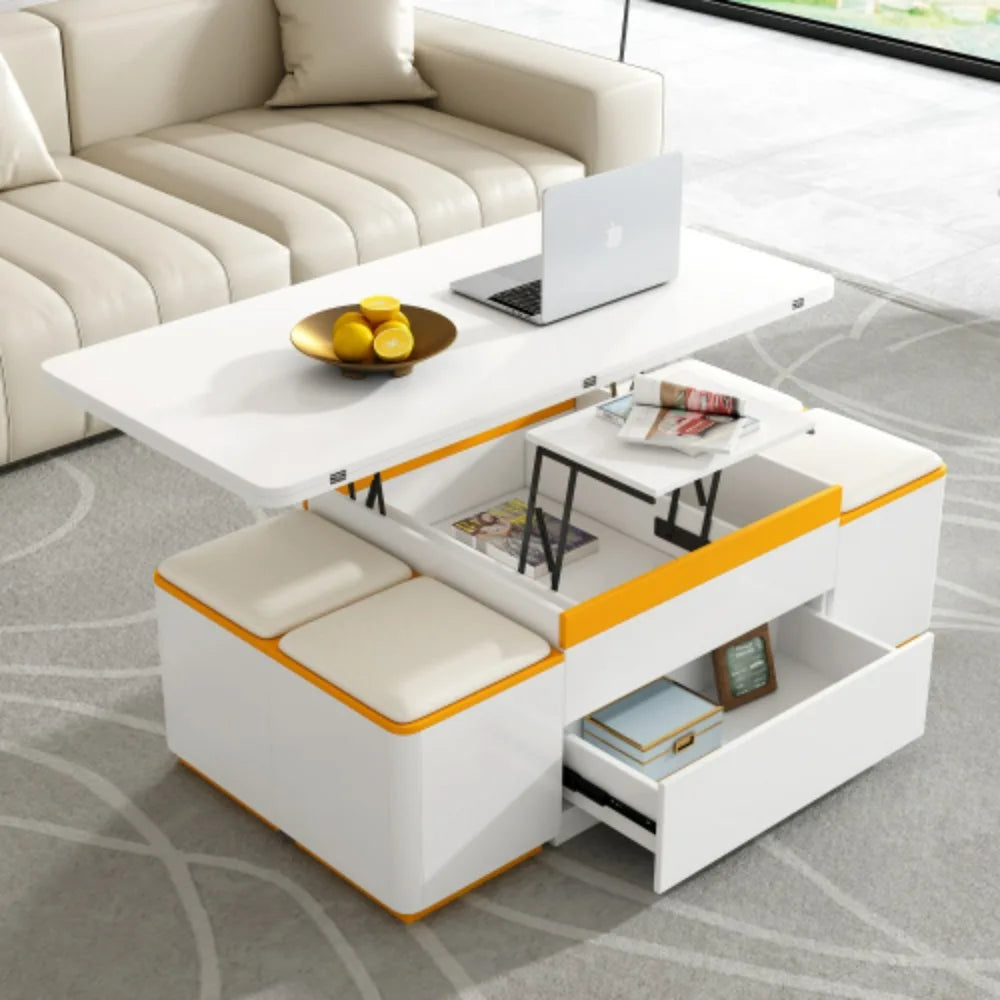 Unique Pull Out Lift Top Coffee Table, Hidden Compartment and Tempered Glass Surface for Living Room, Height Adjustable