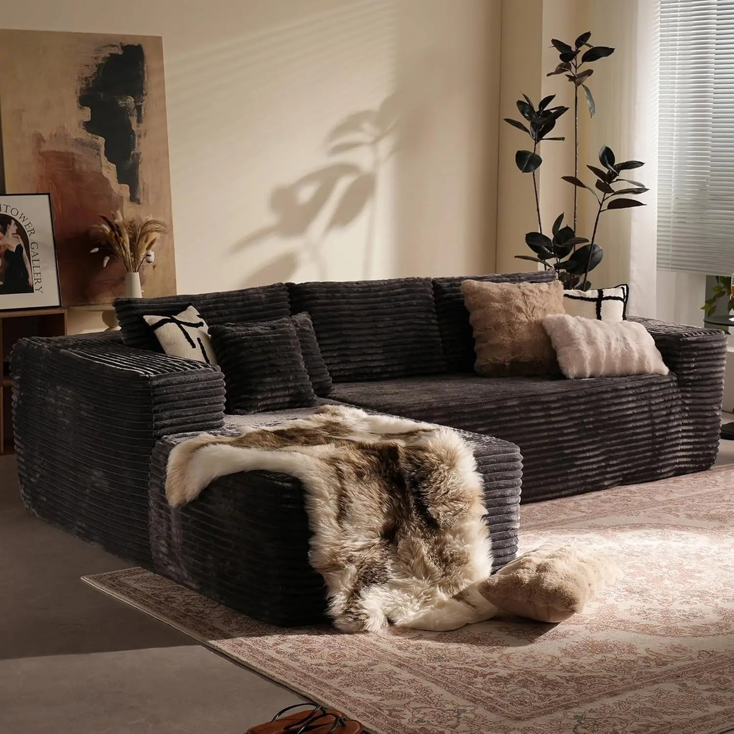 106"Cloud Sectional Couch with Chaise Longue,L Shaped Modular Modern Sofa,Comfy Corduroy Fluffy Couch with Deep Seat,No Assembly