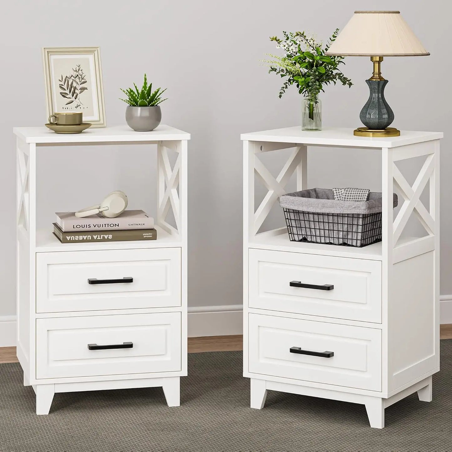 30" Tall Nightstand Set of 2, Black Beside Table with 2 Drawers and Open Shelf Below, Modern Night Stand End Table for Bedroom,