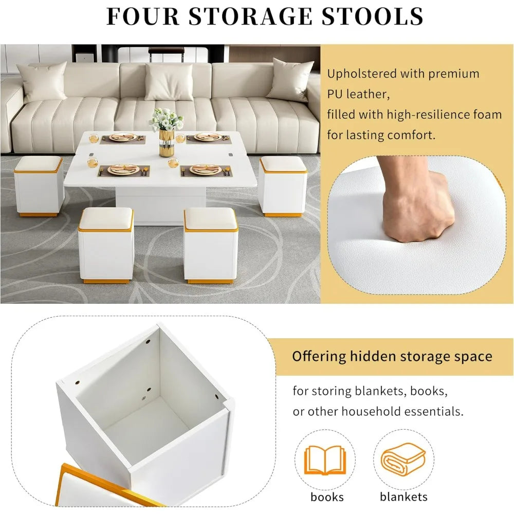 Unique Pull Out Lift Top Coffee Table, Hidden Compartment and Tempered Glass Surface for Living Room, Height Adjustable