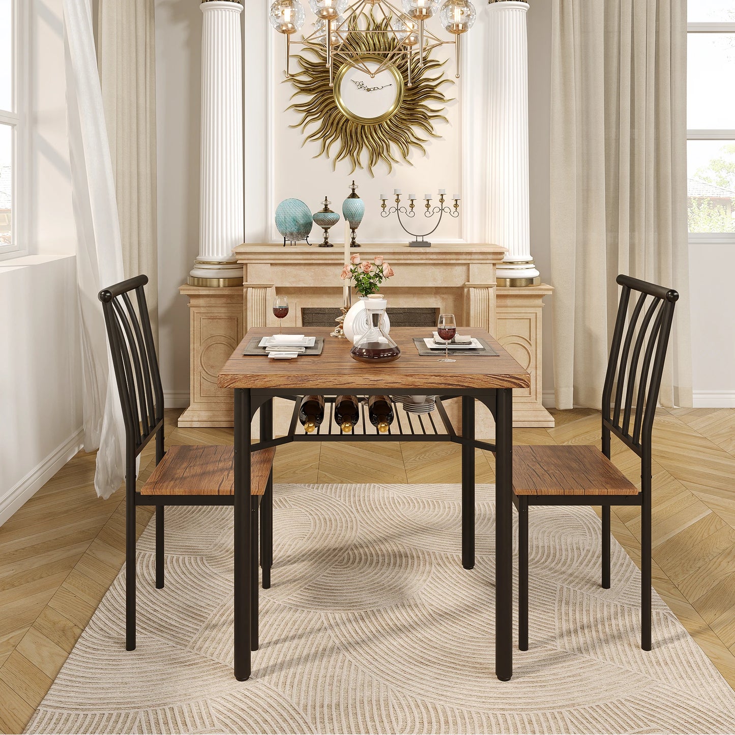 Dining Table Set for 2, Kitchen Table and Chairs for 2 with Wine Rack, Dining Room Table Set with 2 Chairs, Square Kitchen Table
