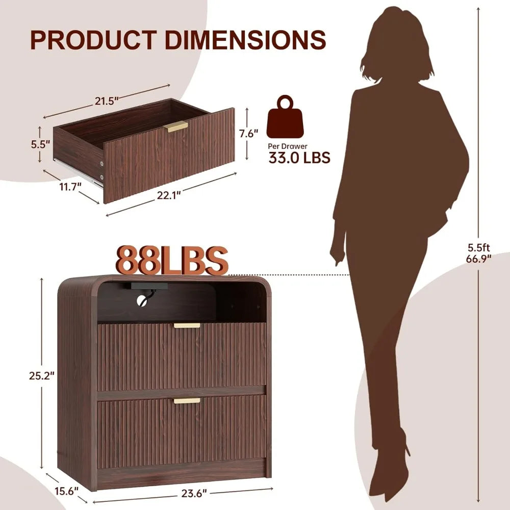 24" Fluted Nightstand Set of 2 with Charging Station, Wooden End Table with 2 Drawers Storage, Curved Profile Design, Modern Bed