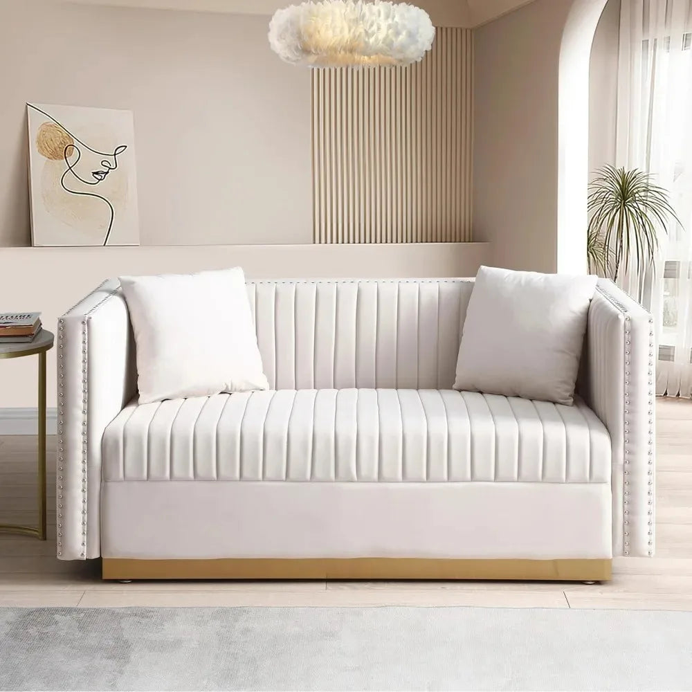 Luxury Velvet Sofa Set for Living Room,with Nailhead Gold Metal Legs and 4 Pillows for Bedroom, Luxury Velvet Sofa