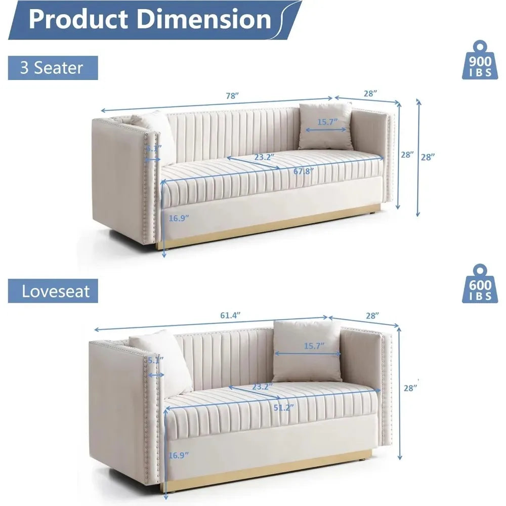 Luxury Velvet Sofa Set for Living Room,with Nailhead Gold Metal Legs and 4 Pillows for Bedroom, Luxury Velvet Sofa