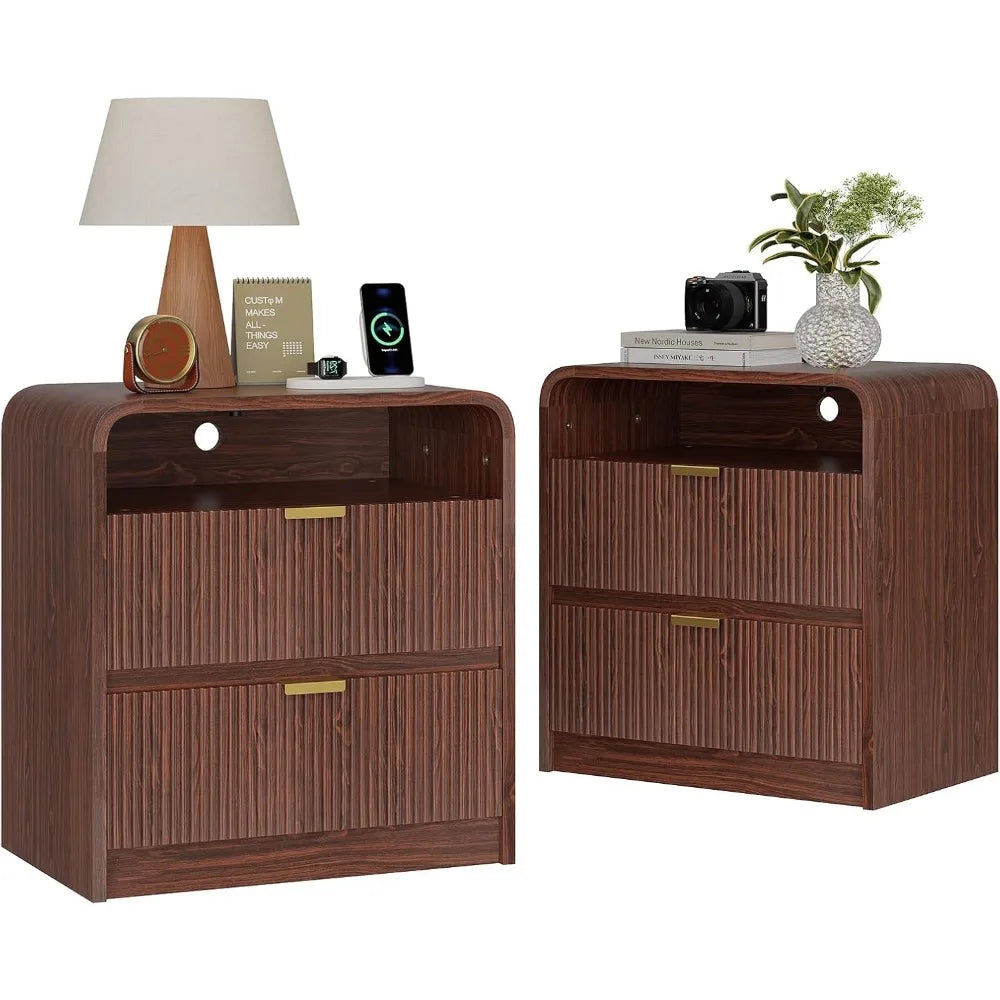 24" Fluted Nightstand Set of 2 with Charging Station, Wooden End Table with 2 Drawers Storage, Curved Profile Design, Modern Bed