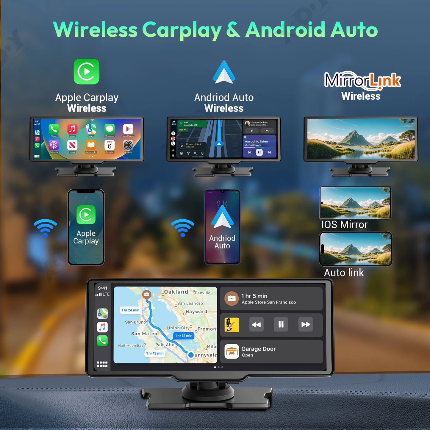 10.26'' Portable Car Stereo 4K +1080P Dash Cam Wireless Apple CarPlay Android Auto