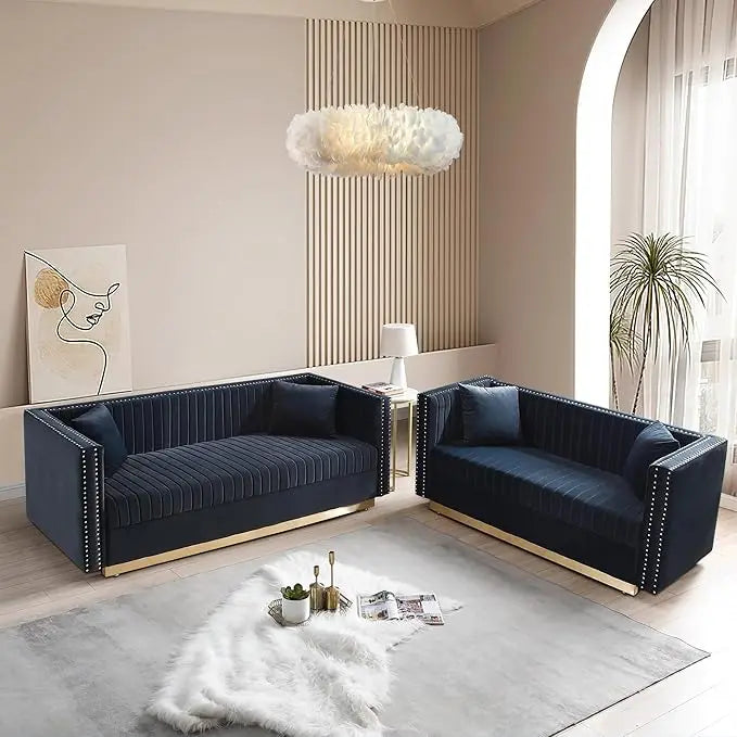 Luxury Velvet Sofa Set for Living Room,with Nailhead Gold Metal Legs and 4 Pillows for Bedroom, Luxury Velvet Sofa