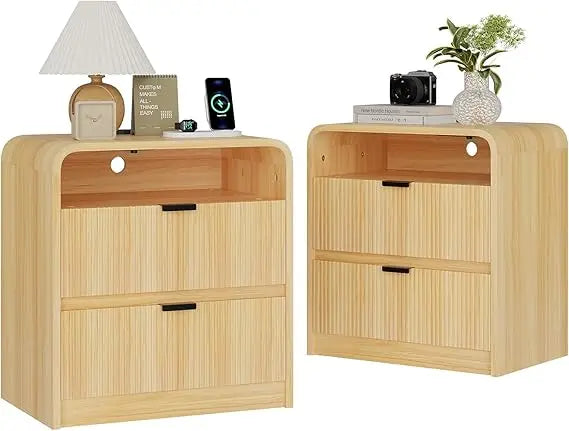 24" Fluted Nightstand Set of 2 with Charging Station, Wooden End Table with 2 Drawers Storage, Curved Profile Design, Modern Bed