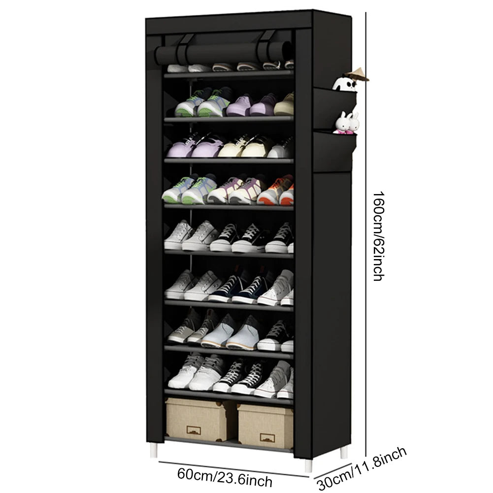 10 Layers Dustproof Shoes Storage Rack with Fabric Cover Free Standing Organizer for Home Student Dormitory Office Worker